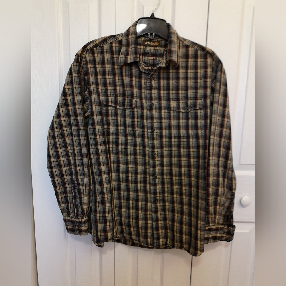 Bass Size L Navy, Brown and Red Plaid Shirt